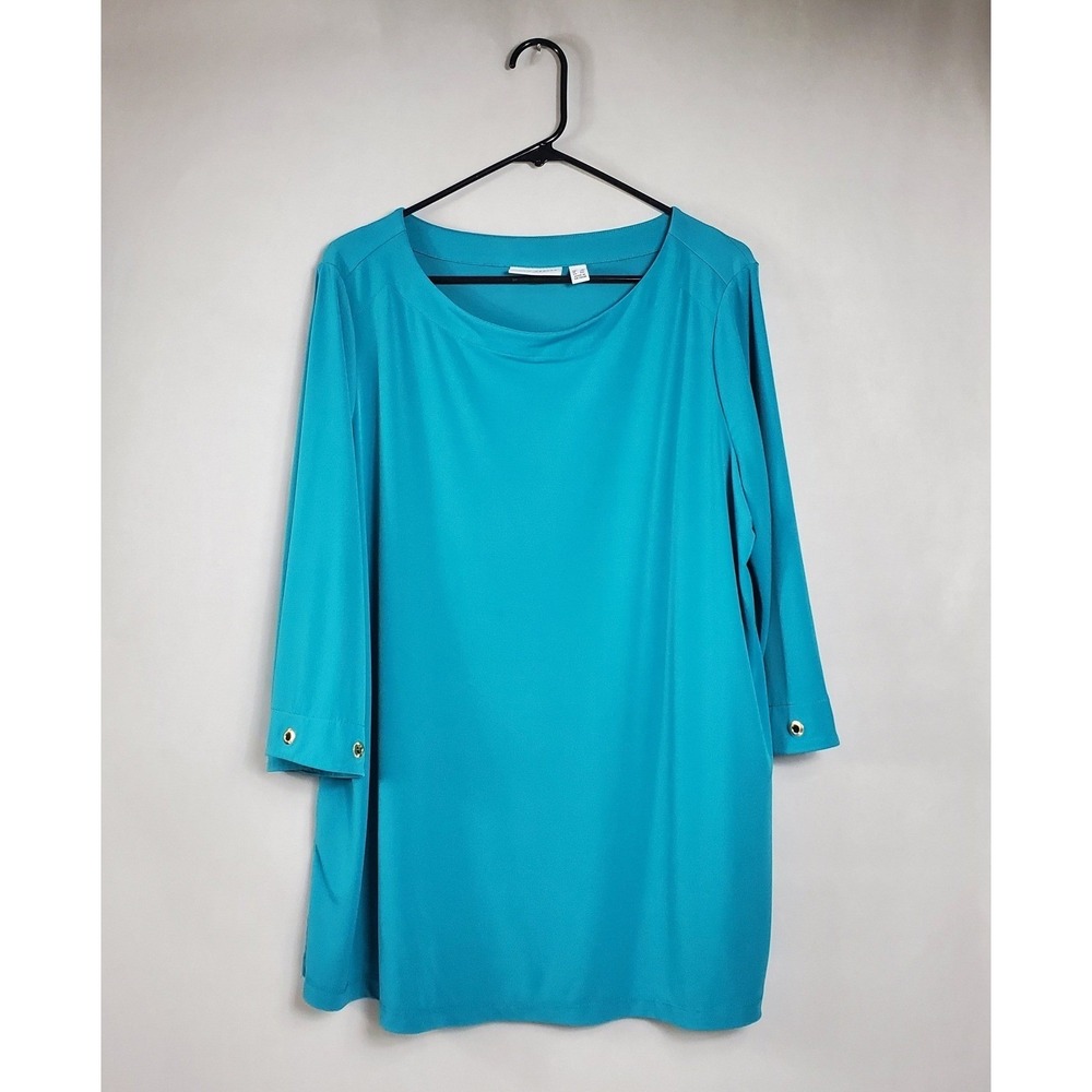 Susan Graver Turquoise Boat Neck 3/4 Sleeve Grommet Detail Tunic Top 1X
